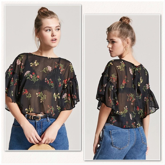 Forever 21 Tops - NEW! Black Floral Sheer Ruffle Blouse